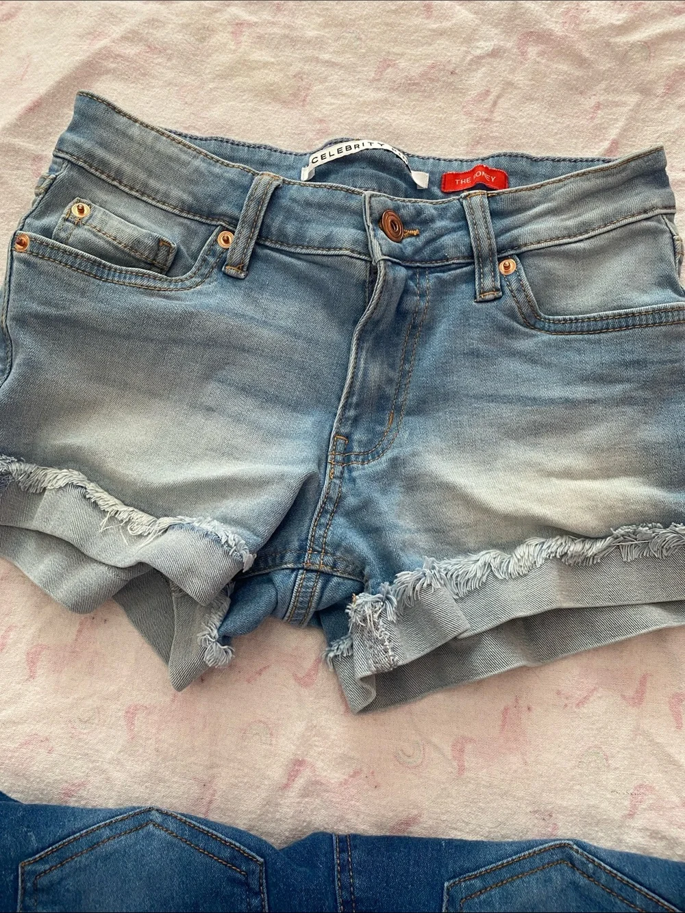 DKNY Girls' Dark and Light Blue Denim Shorts with Gold Studs